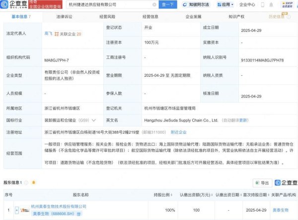 股票交易配资  奥泰生物在杭州新设供应链公司